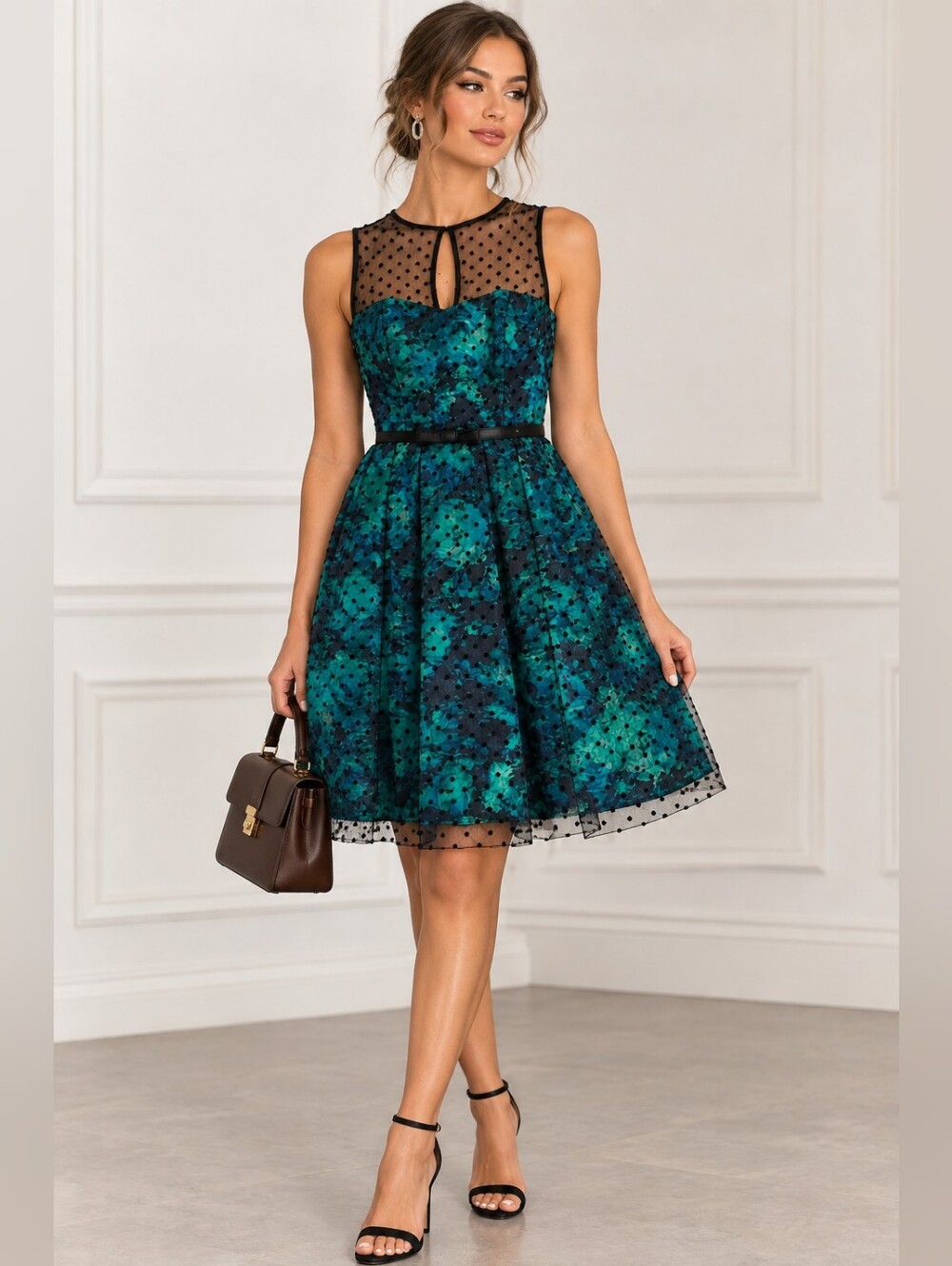 Chetta B Belted Sheer Polkadot Blue Floral Sleeveless A-line Dress